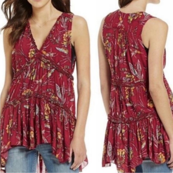 Free People Tops - FREE PEOPLE Red Floral Hummingbird Print Ruffle Tiered Tunic Tank S